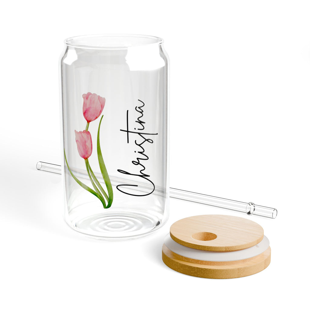 Personalized Watercolor Birth Flower Glass With Name
