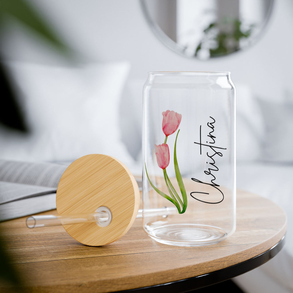 Personalized Watercolor Birth Flower Glass With Name